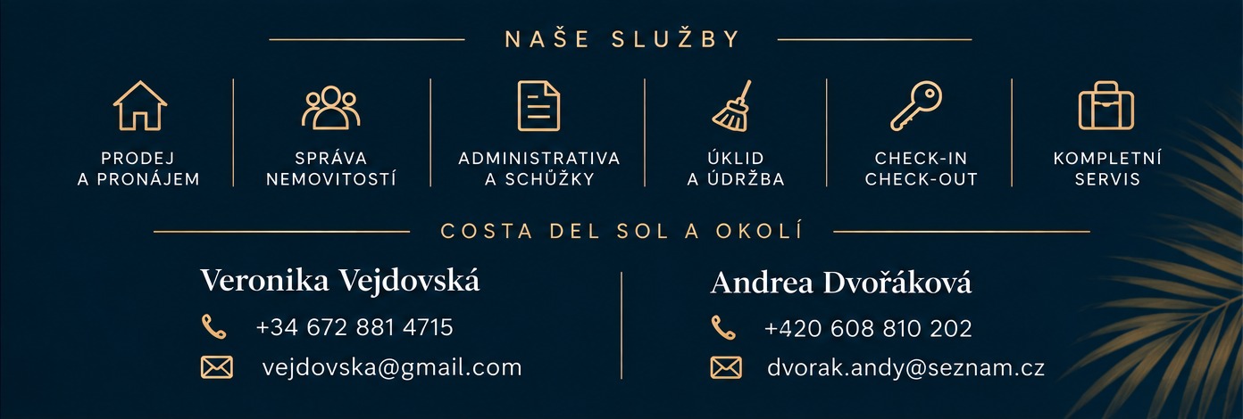 Zadní strana vizitky Mamacitas: naše služby (prodej a pronájem, správa nemovitostí, administrativa a schůzky, úklid a údržba, check-in a check-out, kompletní servis), Costa del Sol a okolí a kontakty na Veroniku Vejdovskou a Andreu Dvořákovou